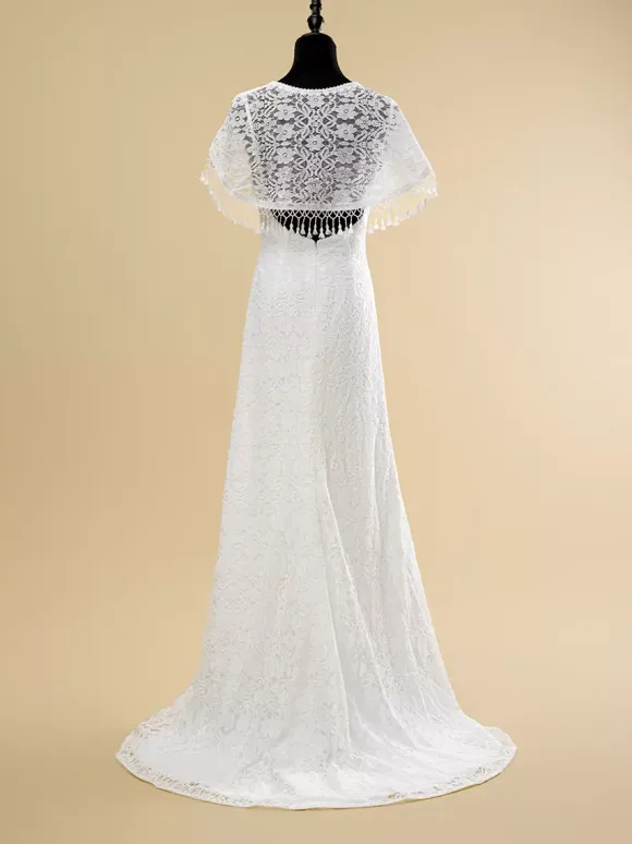 Boho Wedding Dress Lace Fringe Sheath With Train Natural Waist Zipper Sleeveless V-Neck Ivory