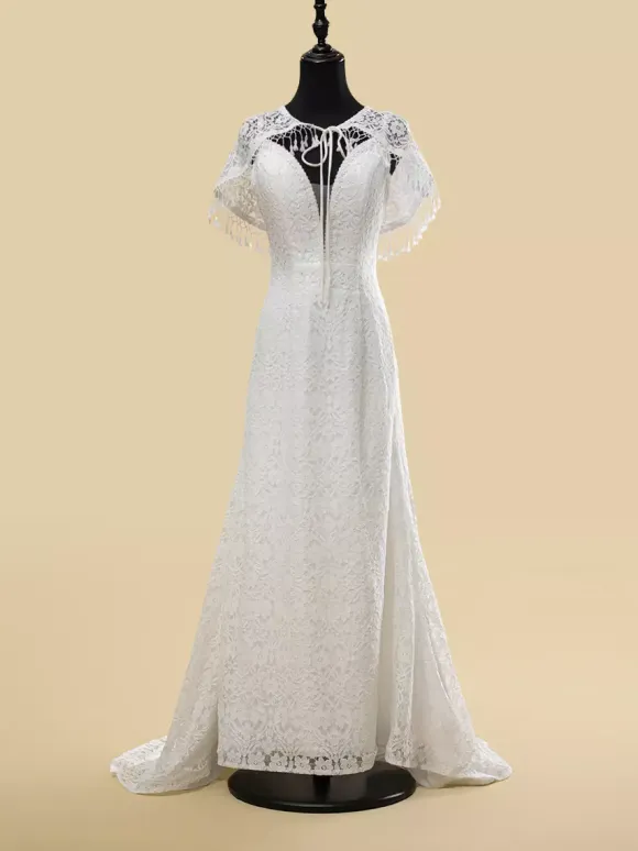 Boho Wedding Dress Lace Fringe Sheath With Train Natural Waist Zipper Sleeveless V-Neck Ivory