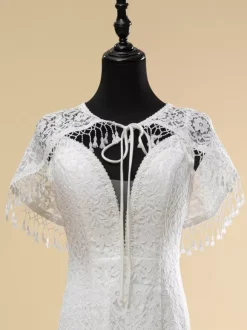 Boho Wedding Dress Lace Fringe Sheath With Train Natural Waist Zipper Sleeveless V-Neck Ivory