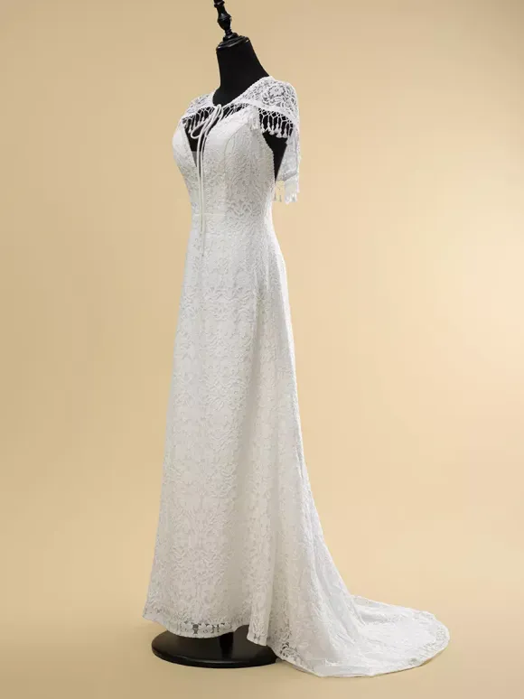 Boho Wedding Dress Lace Fringe Sheath With Train Natural Waist Zipper Sleeveless V-Neck Ivory