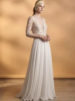 Boho Wedding Dress Lace Lace A-Line With Train Natural Waist Zipper 3/4 Length Sleeves V-Neck Ivory