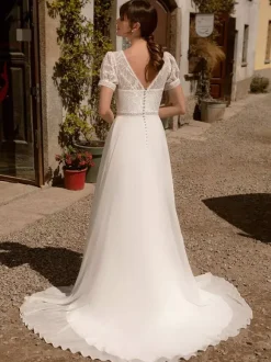 Boho Wedding Dress Lace Lace A-Line With Train Natural Waist Wedding Dress Functional Buttons Short Sleeves V-Neck Ivory
