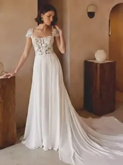 Boho Wedding Dress Lace Lace A-Line With Train Natural Waist Wedding Dress Functional Buttons Short Sleeves Square Neck White
