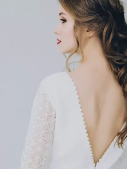 Boho Wedding Dress Lace Lace A-Line With Train Natural Waist Backless Half Sleeves Jewel Neck Ivory