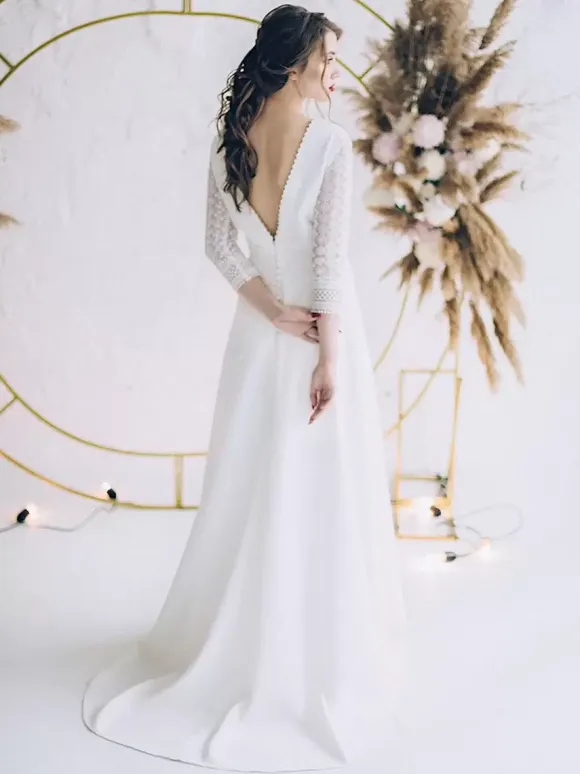 Boho Wedding Dress Lace Lace A-Line With Train Natural Waist Backless Half Sleeves Jewel Neck Ivory