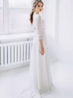 Boho Wedding Dress Lace Lace A-Line With Train Natural Waist Backless Half Sleeves Jewel Neck Ivory
