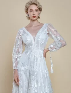 Boho Wedding Dress Polyester Lace A-Line With Train Natural Waist Backless Long Sleeves V-Neck Ivory