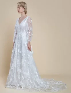 Boho Wedding Dress Polyester Lace A-Line With Train Natural Waist Backless Long Sleeves V-Neck Ivory