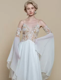 Boho Wedding Dress Polyester Lace A-Line With Train Natural Waist Spaghetti Straps Zipper Long Sleeves Designed Neckline Ivory