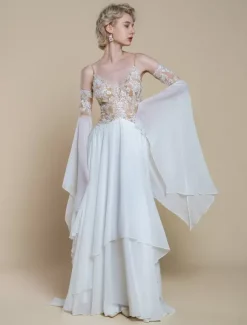 Boho Wedding Dress Polyester Lace A-Line With Train Natural Waist Spaghetti Straps Zipper Long Sleeves Designed Neckline Ivory