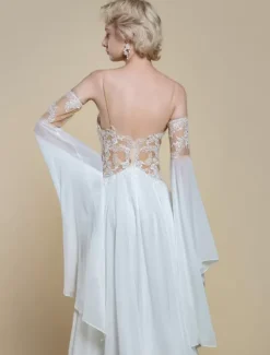 Boho Wedding Dress Polyester Lace A-Line With Train Natural Waist Spaghetti Straps Zipper Long Sleeves Designed Neckline Ivory