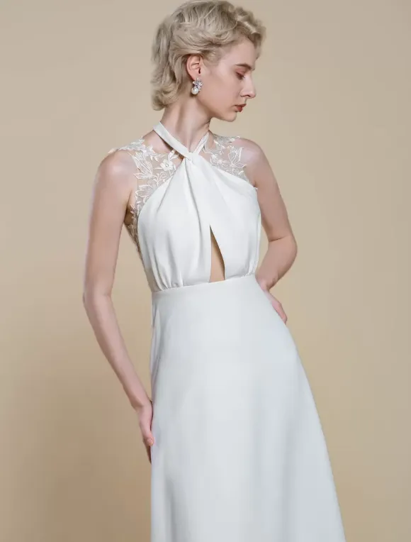 Boho Wedding Dress Polyester Applique Ball Gown With Train Natural Waist Backless Sleeveless Designed Neckline Ivory