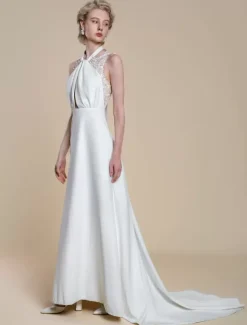 Boho Wedding Dress Polyester Applique Ball Gown With Train Natural Waist Backless Sleeveless Designed Neckline Ivory