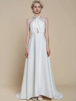 Boho Wedding Dress Polyester Applique Ball Gown With Train Natural Waist Backless Sleeveless Designed Neckline Ivory