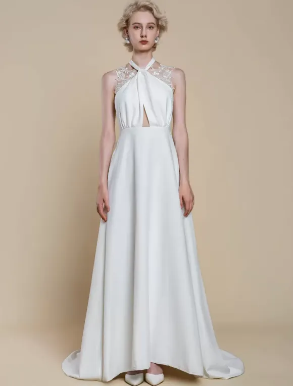 Boho Wedding Dress Polyester Applique Ball Gown With Train Natural Waist Backless Sleeveless Designed Neckline Ivory