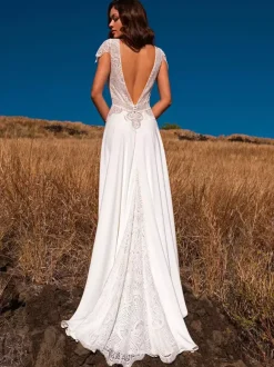 Boho Wedding Dress Satin Fabric Lace A-Line Sweep Raised Waist Backless Short Sleeves V-Neck Ivory