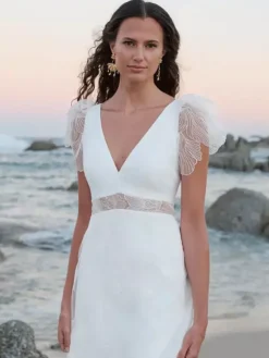 Boho Wedding Dress Sequins Ball Gown Natural Waist Wedding Dress Functional Buttons Short Sleeves V-Neck White