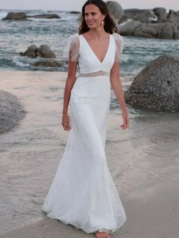 Boho Wedding Dress Sequins Ball Gown Natural Waist Wedding Dress Functional Buttons Short Sleeves V-Neck White