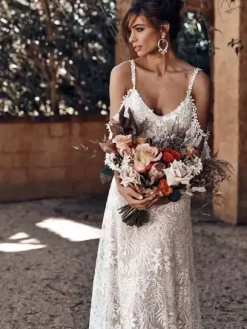 Boho Wedding Dress With Train Ivory A-Line Sleeveless V-Neck Backless Lace Bridal Gowns Free Customization