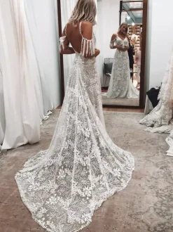 Boho Wedding Dress With Train Ivory A-Line Sleeveless V-Neck Backless Lace Bridal Gowns Free Customization
