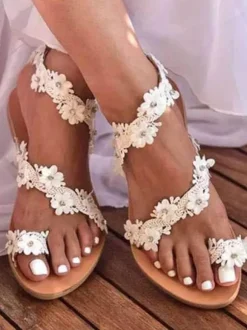 Boho Wedding Shoes Brown Toe Loop Flowers Flat Sandals