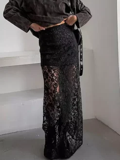 Bottom Sheer Black Cut Out Lace Raised Waist Skirt