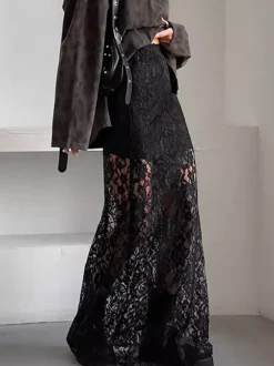 Bottom Sheer Black Cut Out Lace Raised Waist Skirt