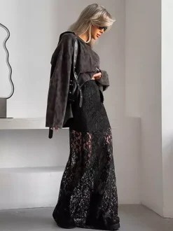 Bottom Sheer Black Cut Out Lace Raised Waist Skirt