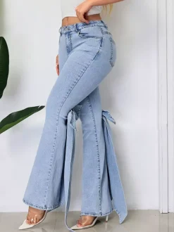 Bow Knot Flare Jeans For Women - Blue Trendy Wide Leg Denim Bottoms - Spring Streetwear 2026