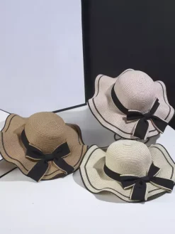 Bowknot Straw Hat With Wave Brim Summer Beach Sun Hat For Women 2026