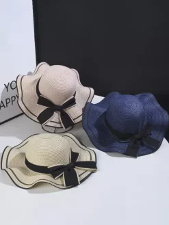 Bowknot Straw Hat With Wave Brim Summer Beach Sun Hat For Women 2026