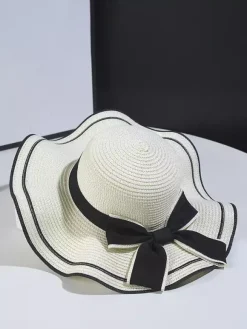 Bowknot Straw Hat With Wave Brim Summer Beach Sun Hat For Women 2026