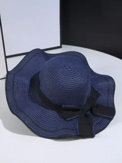 Bowknot Straw Hat With Wave Brim Summer Beach Sun Hat For Women 2026