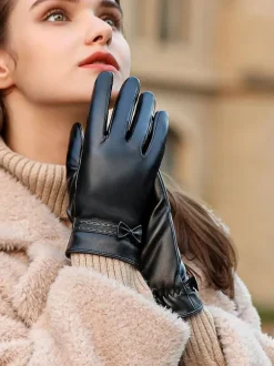 Bows Ladies Warm Heated Winter Leather Waterproof Short Gloves For Women