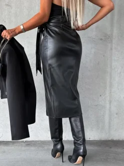 Bow Tie Skirt High Waist Black PU Leather Fall Winter Women Bottoms