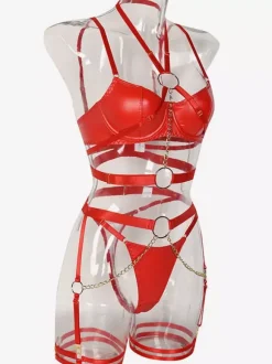 Bra & Panty Sets Black Metal Details Removable 3-Piece Sexy Couple's Lingerie