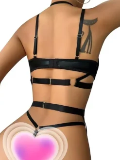 Bra & Panty Sets Black Metal Details Removable 3-Piece Sexy Couple's Lingerie