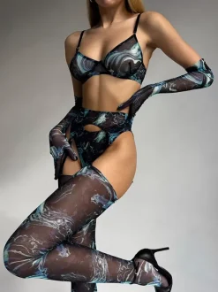 Bra & Panty Sets Pink Polyester Cut Out Color Block Sheer Chic Adult's Lingerie