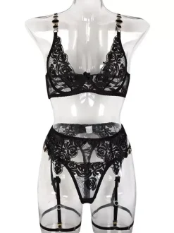 Bra Panty Sets Embroidered Metal Details 3-Piece Sexy Lingerie with Garter Belt