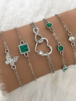 Bracelet Butterfly Heart Crystal Rhinestone Layered 5 Pieces Set