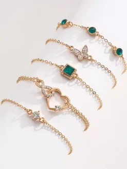 Bracelet Butterfly Heart Crystal Rhinestone Layered 5 Pieces Set