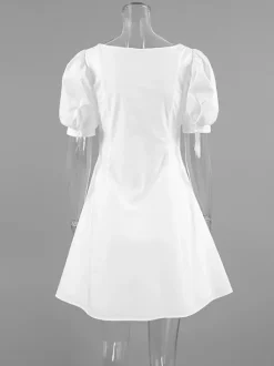Breathable Cotton Mini Dress Women - White Cottagecore Puff Sleeve Ruched Square Neck - Summer Garden Party Date Night 2026