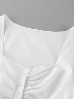 Breathable Cotton Mini Dress Women - White Cottagecore Puff Sleeve Ruched Square Neck - Summer Garden Party Date Night 2026