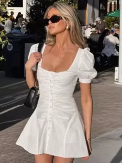 Breathable Cotton Mini Dress Women - White Cottagecore Puff Sleeve Ruched Square Neck - Summer Garden Party Date Night 2026