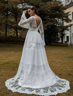 Bridal Gowns Boho Wedding Dress Long Sleeves Lace V-Neck Lace Chiffon Wedding Gowns