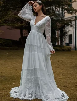 Bridal Gowns Boho Wedding Dress Long Sleeves Lace V-Neck Lace Chiffon Wedding Gowns