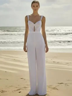 Bridal Jumpsuit 2 Pieces Chiffon Pleated With Train Jumpsuit Sweetheart Neck Sleeveless Natural Waist Ivory