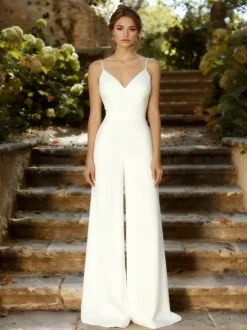 Bridal Jumpsuit 2 Pieces Wedding Dress Stretch Crepe Lace Floor-Length Jumpsuit V-Neck Short Sleeves Natural Waist White