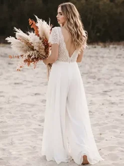 Bridal Jumpsuit Chiffon Cut Out Floor-Length Jumpsuit V-Neck Short Sleeves Natural Waist Ivory