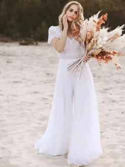 Bridal Jumpsuit Chiffon Cut Out Floor-Length Jumpsuit V-Neck Short Sleeves Natural Waist Ivory